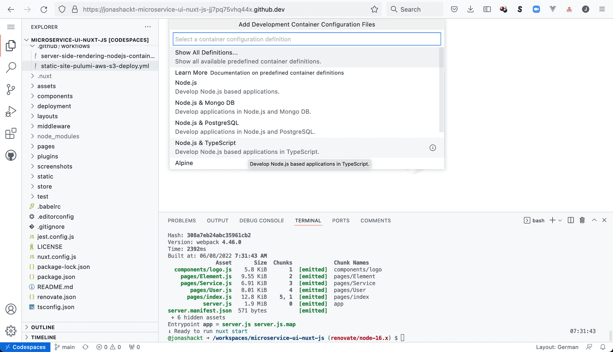 Dev Container create config