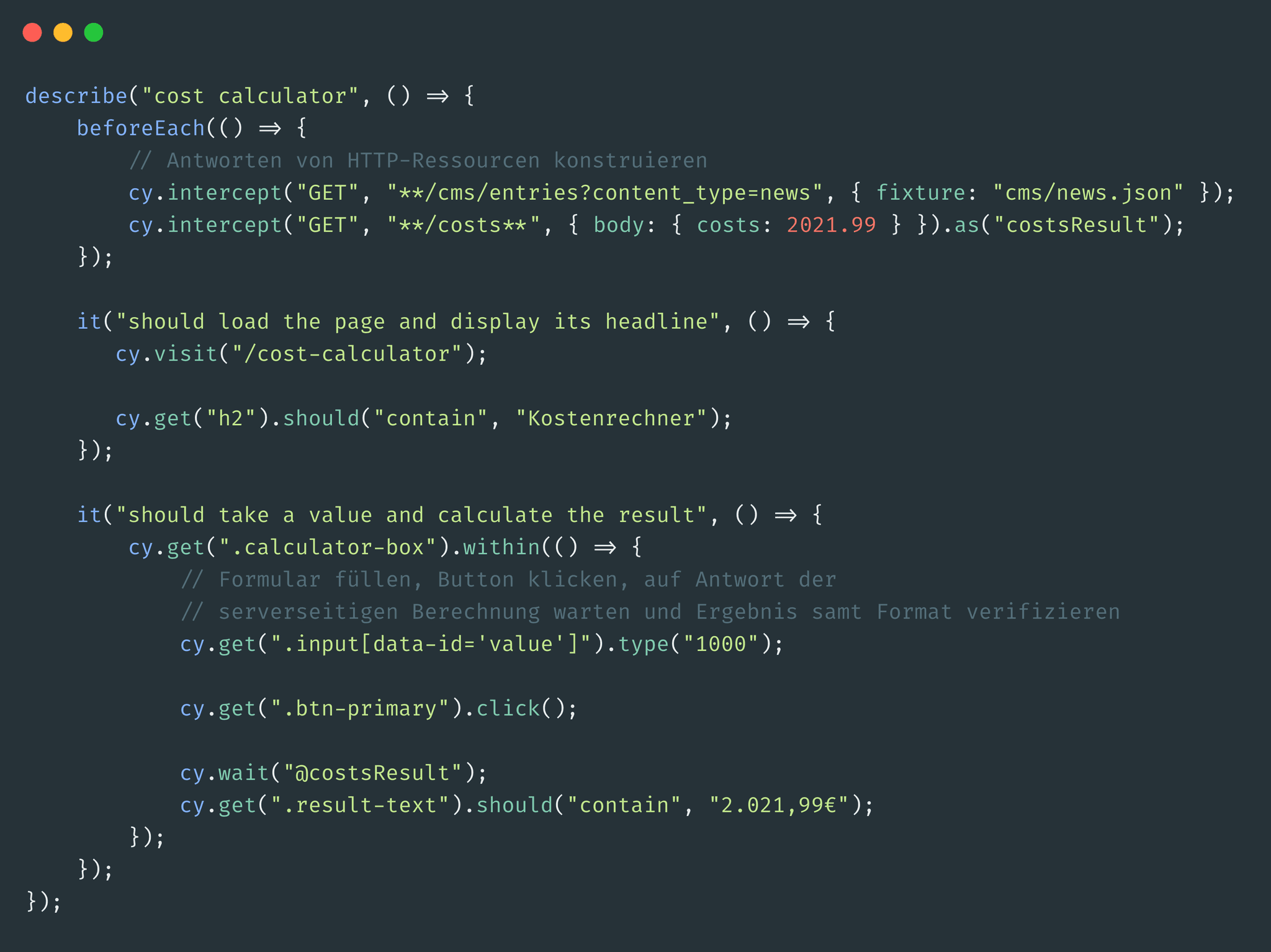 example Cypress test spec that demonstrates the usage of the fixture server and active waiting on requests