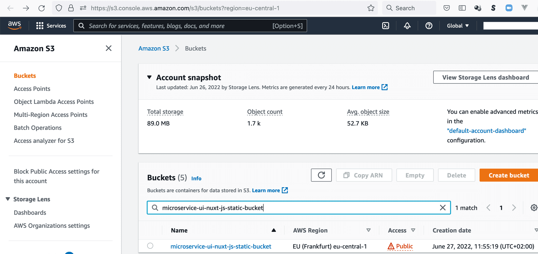 AWS console Bucket created
