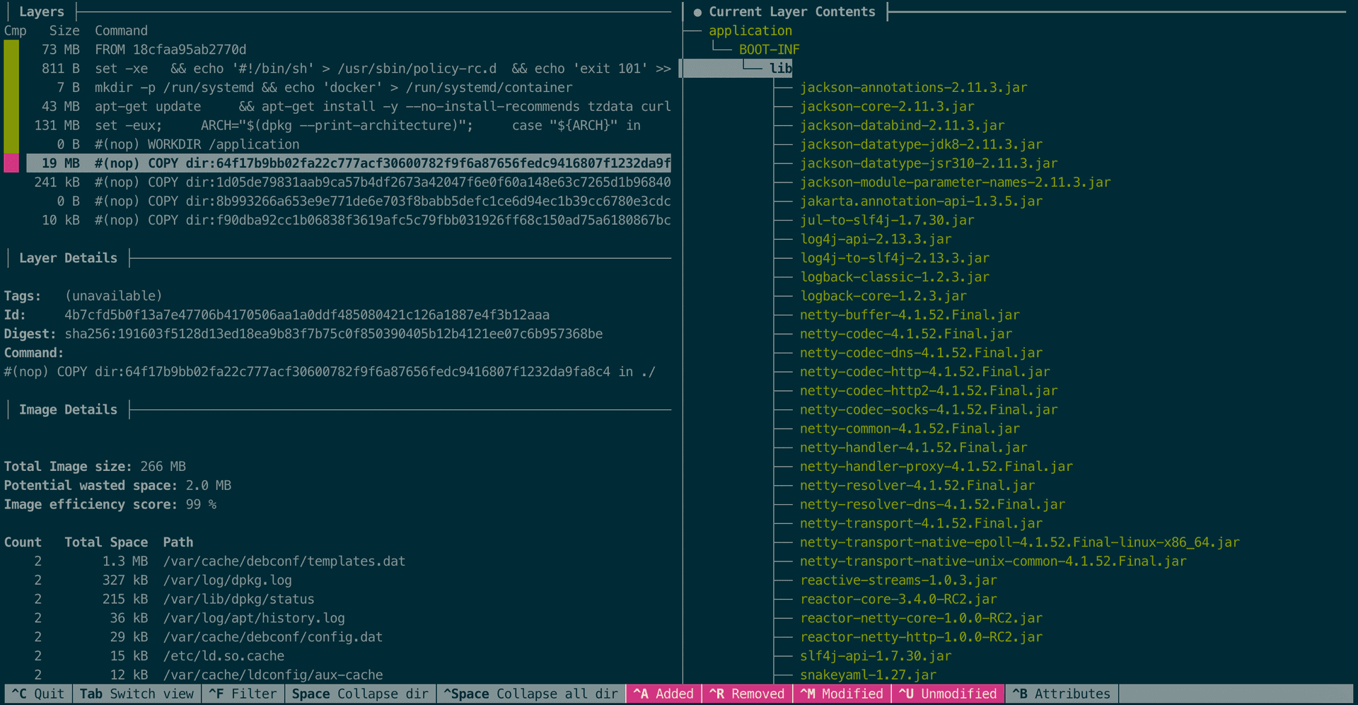dive Docker image inspection showing layers