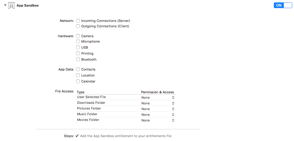 Xcode Project App Sandbox Settings Enabled