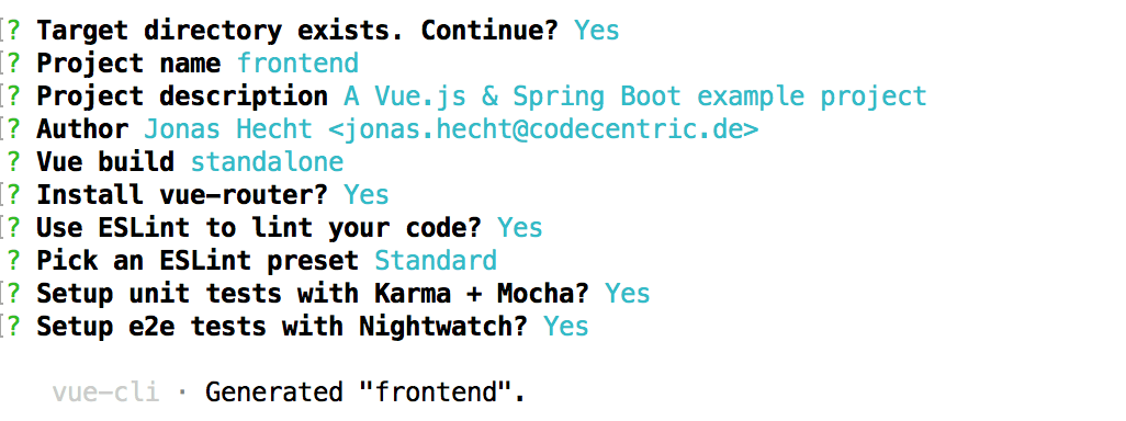 spring boot vuejs vuecli init command resulting in questions