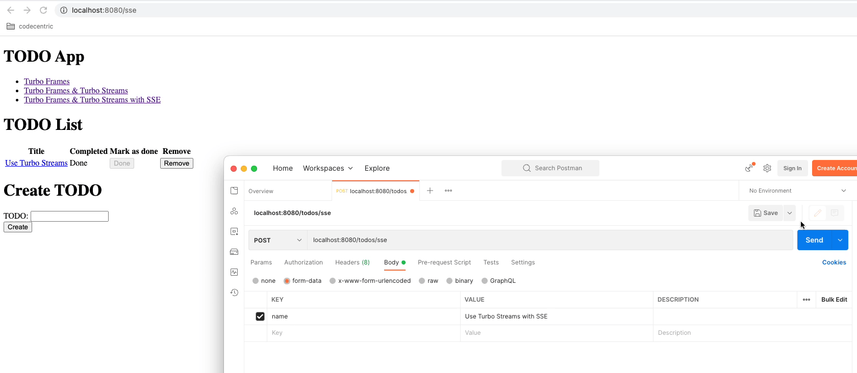 Created To-do via postman is added to the list via Server-Sent Events and Turbo Streams