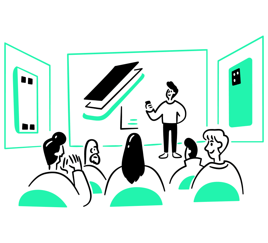 Illustration von einer Person, die einer Gruppe Menschen etwas präsentiert