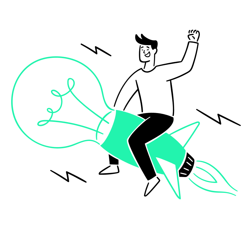 Illustration von einem Mann, der eine Idee hat und damit Fortschritt gewinnt und vorangebracht wird