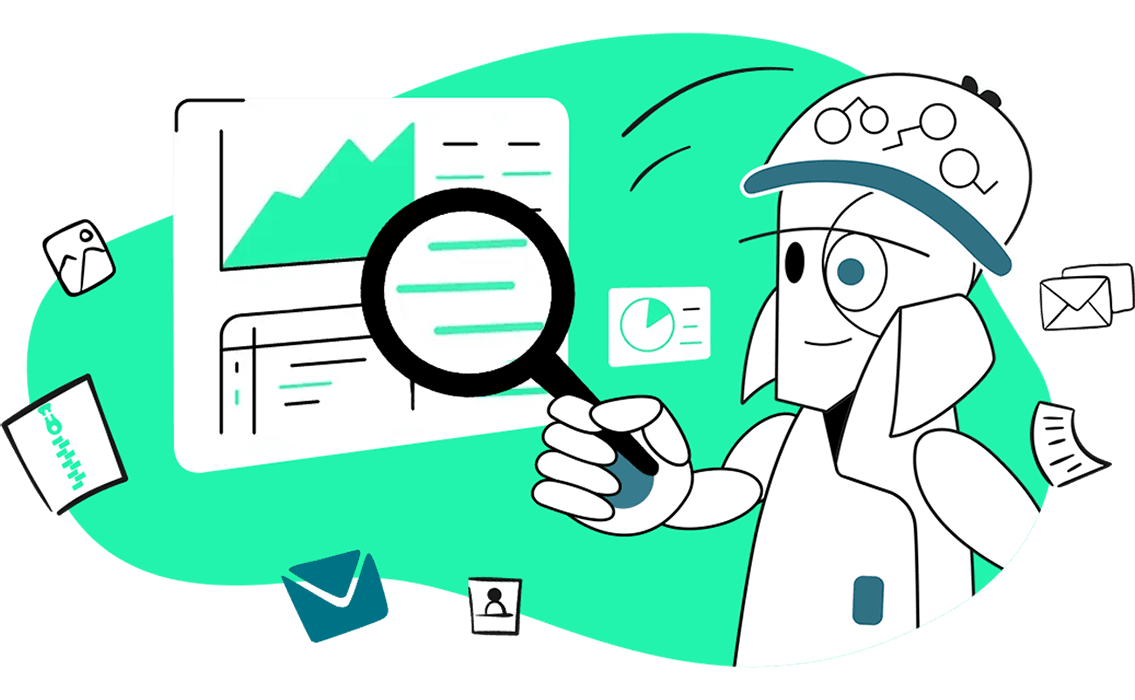 Illustration von Detektiv Sherloq, der mit Lupe Daten, Bilder, Diagramme, Zip-Files und Briefe untersucht.