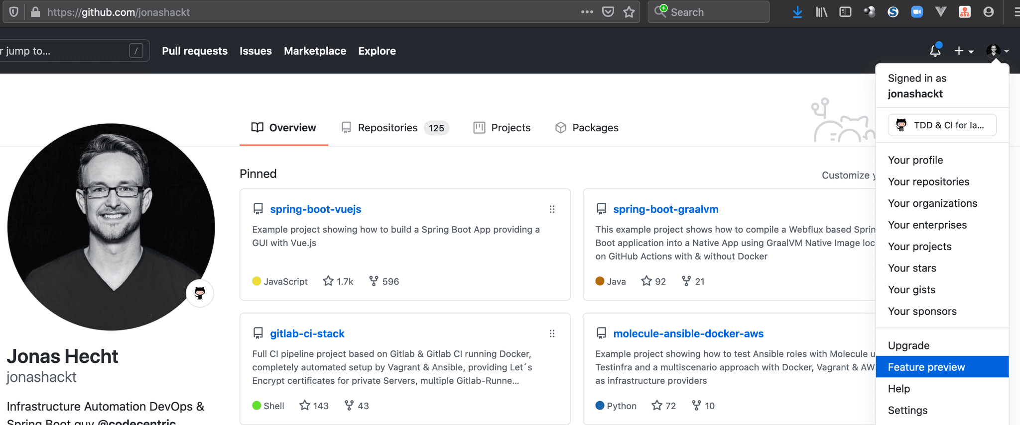 Feature preview GitHub profile settings
