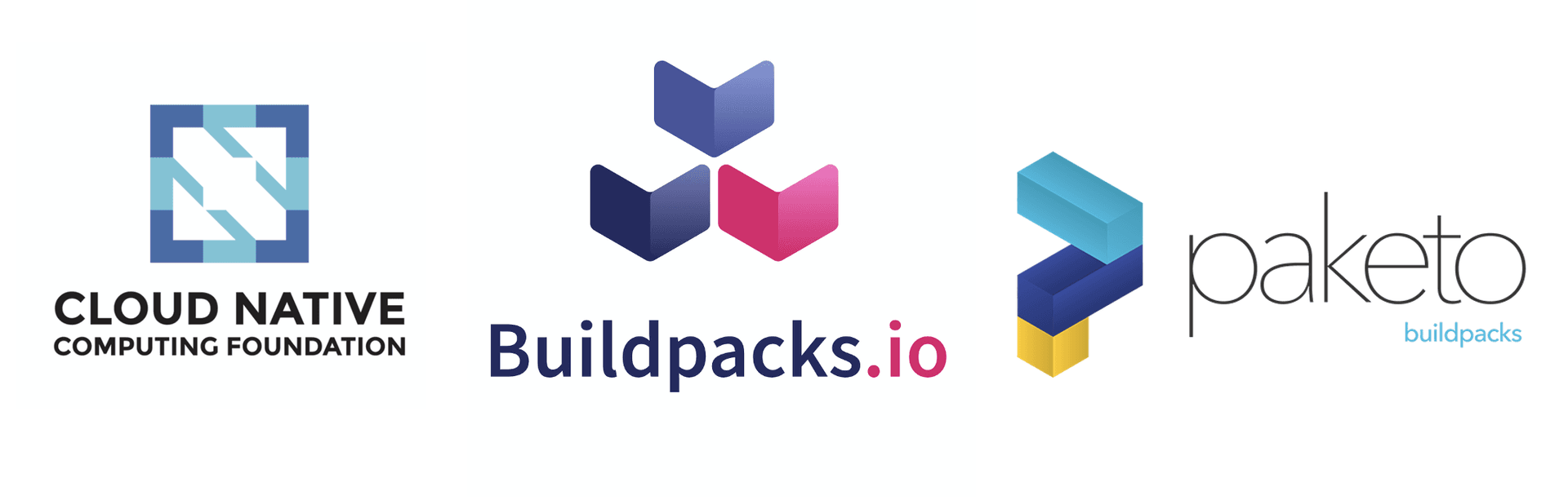 Cloud Native Computing Foundation (CNCF) logo together with Cloud Native Buildpacks and Paketo.io logos