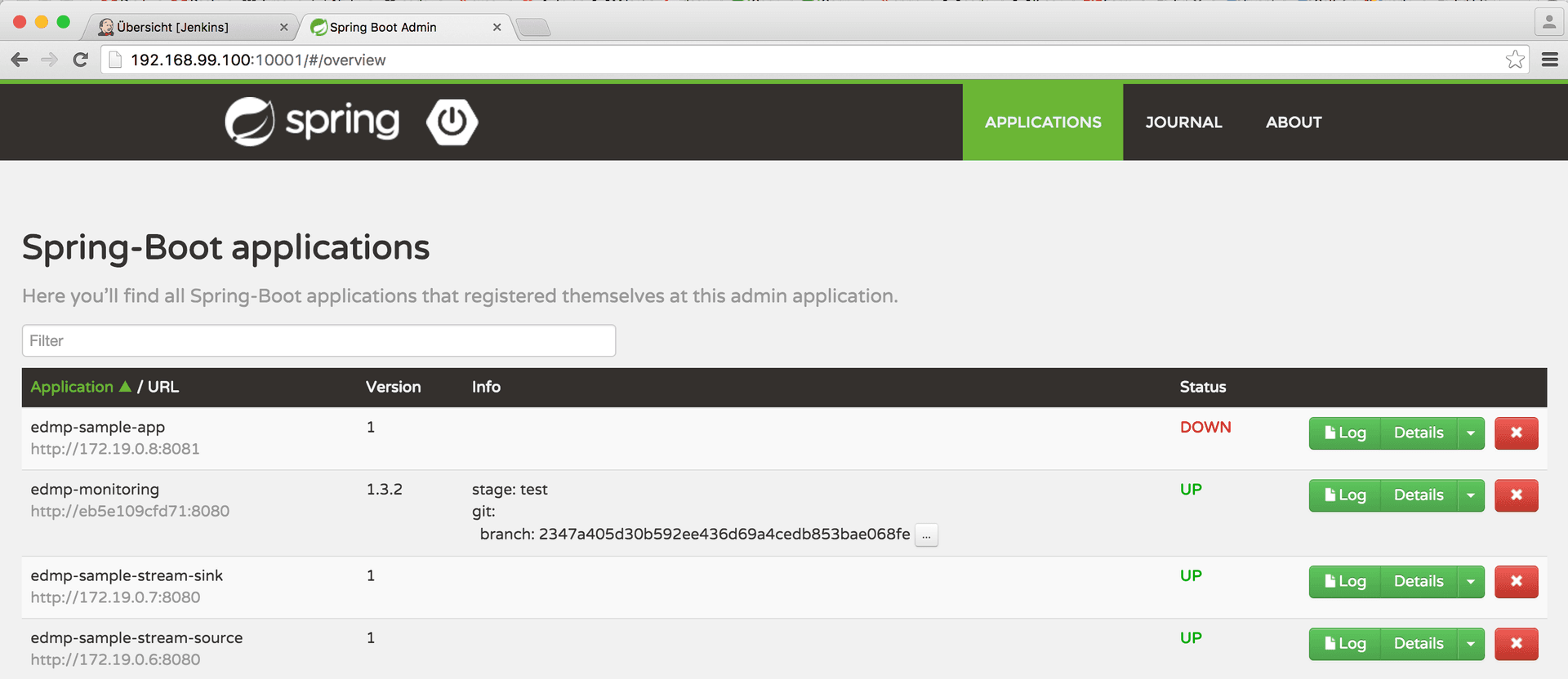 Screenshot Spring Boot Admin EDMP