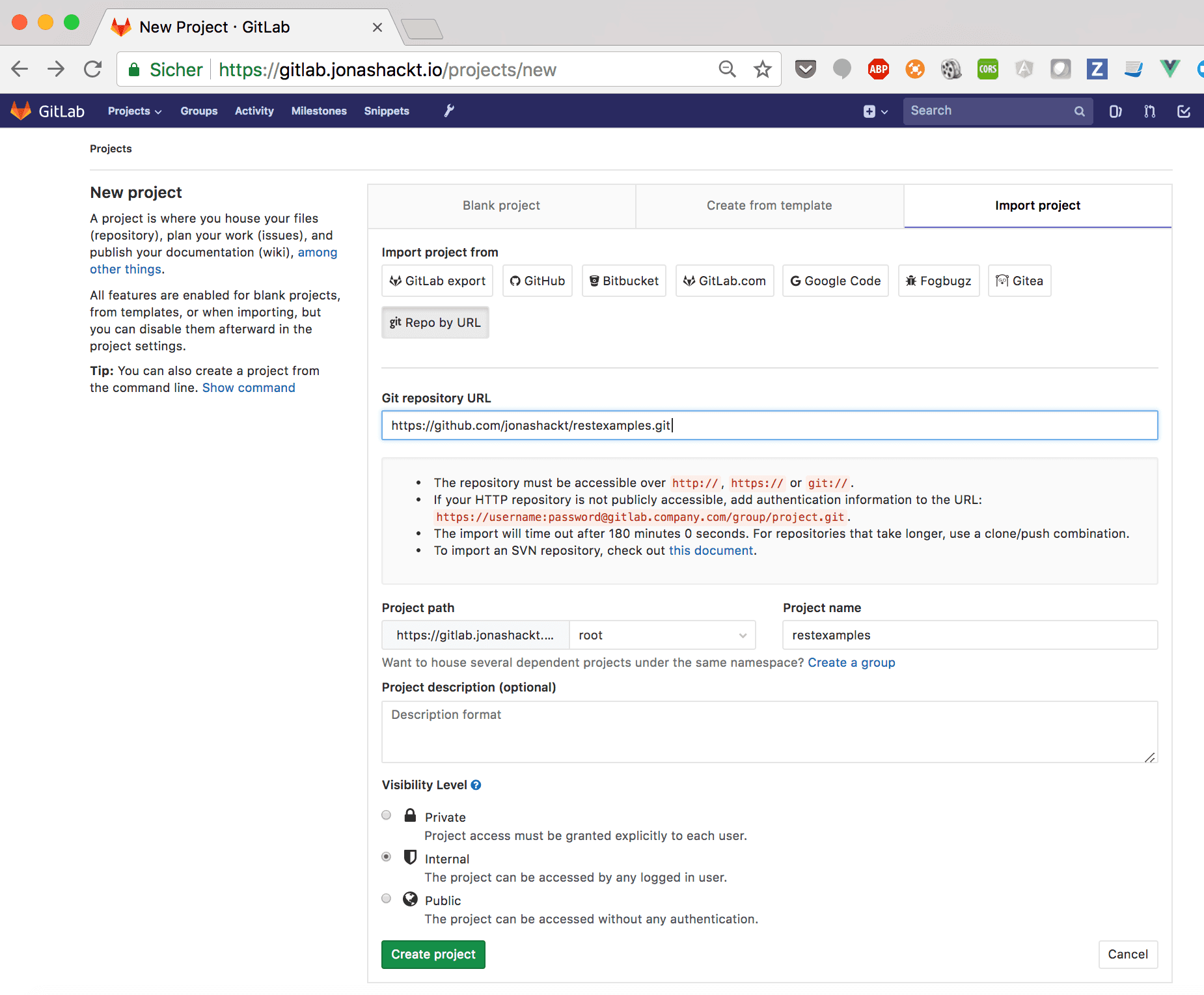 import a new project into GitLab