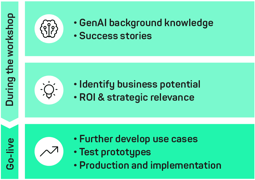Workshop program: GenAI upskilling, identification of business potential, optional collaboration through to go-live