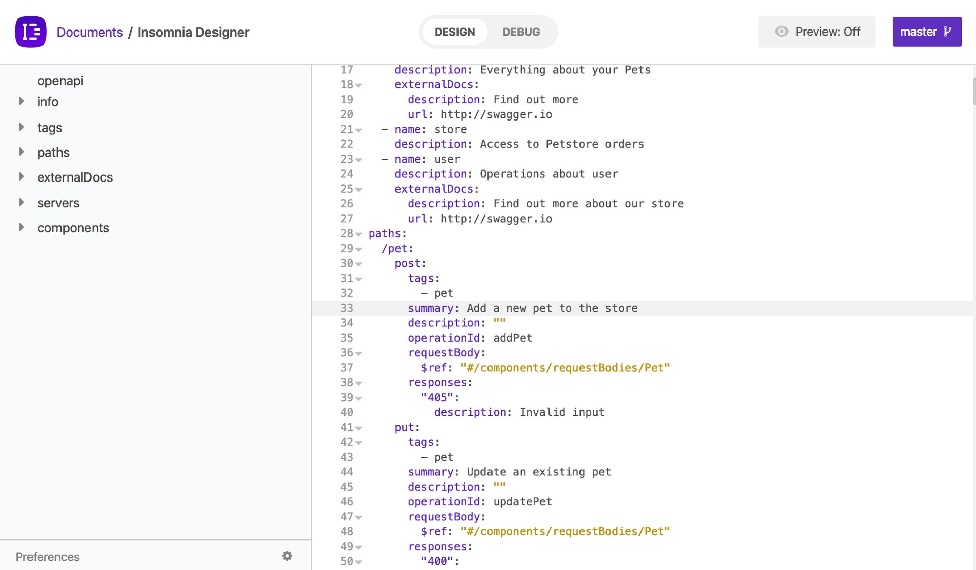 insomnia designer editor view specification