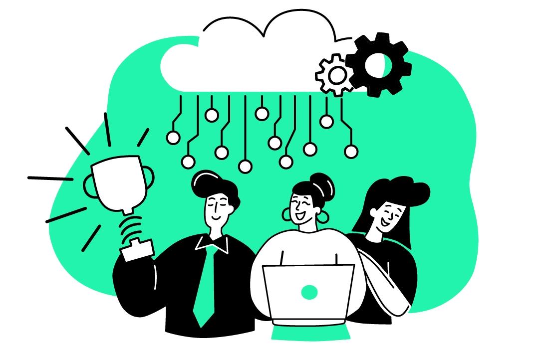Illustration von 3 glücklichen Personen mit Pokal, angebunden durch verschiedene Linien an eine Cloud mit Zahnrädern.
