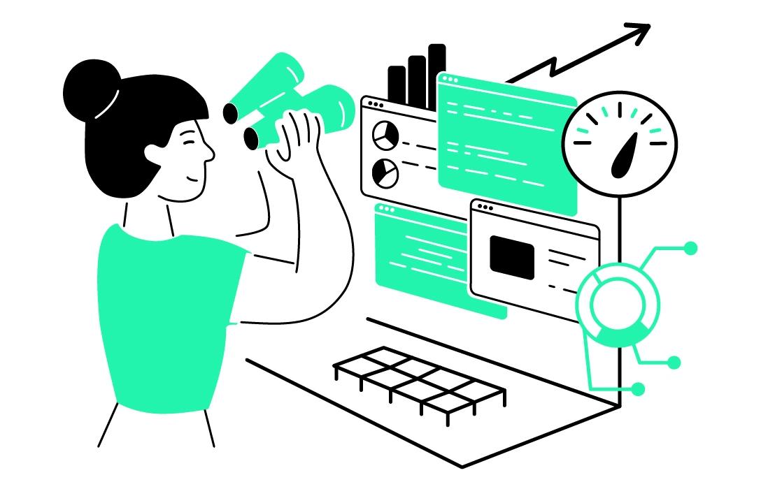 Illustration einer Frau mit Fernglas, die auf Bildschirm mit Analysierenden und steigernden Symbolen schaut.