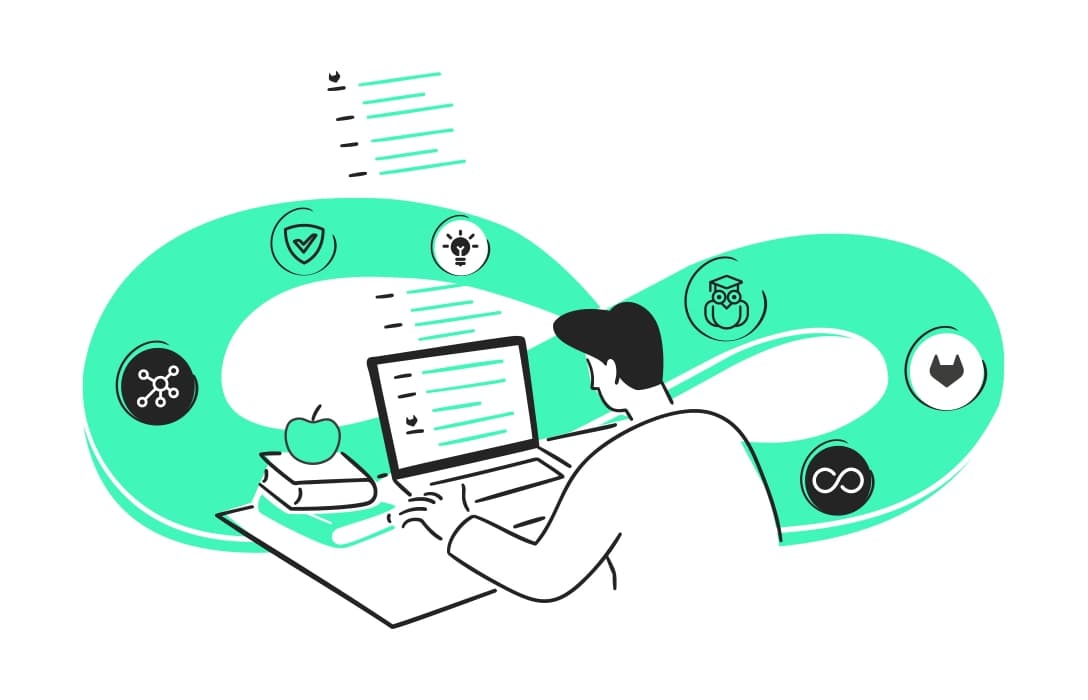 Illustration: DevSecOps-Cycle mit verschiedenen Symbolen, im Vordergrund bearbeitet Person am Schreibtisch vor Laptop Listen