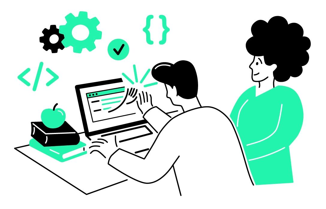 Illustration von Mann, der mit einer Hand aus einem Notebook abklatscht, drumherum Programmiersymbole, Frau daneben guckt zu.