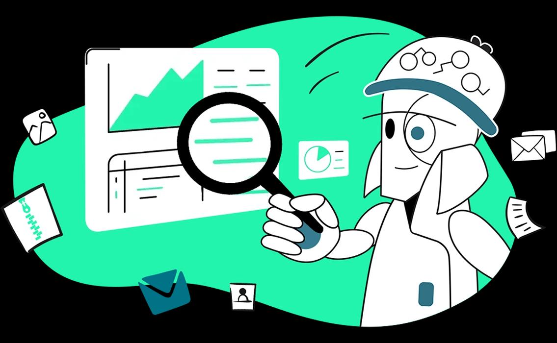 Illustration von Detektiv Sherloq, der mit Lupe Daten, Bilder, Diagramme, Zip-Files und Briefe untersucht.