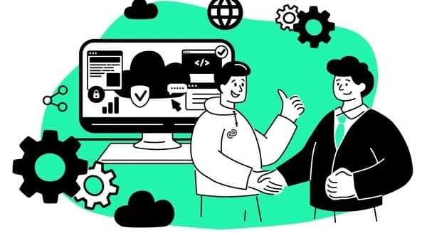 Illustration von Mitarbeiter, der Daumen hoch zeigt und Kunde die Hand gibt, vor PC mit Symbolen für abgenommene Anwendungen.