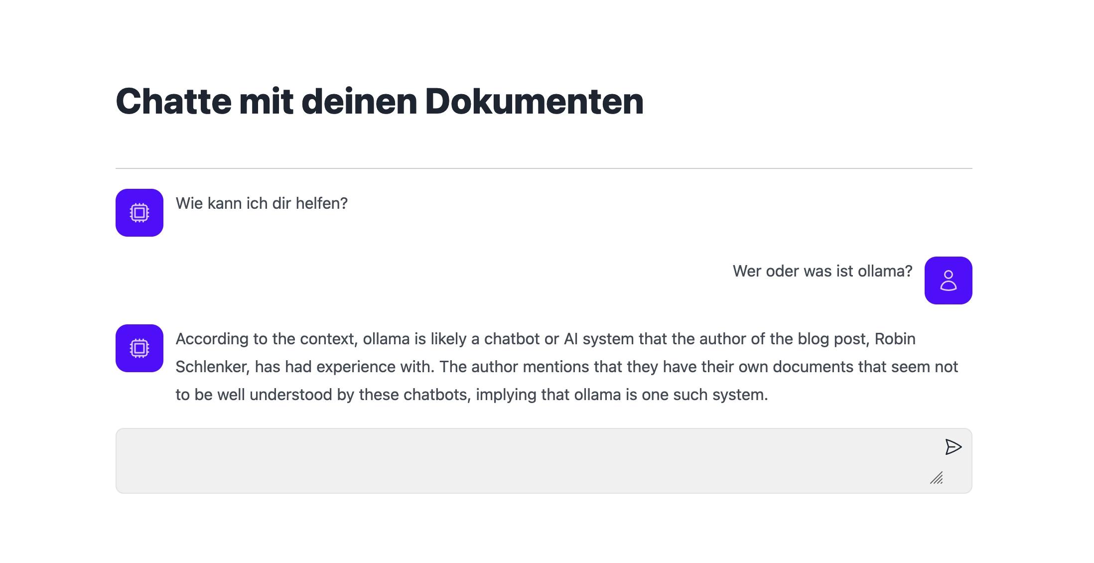 Auf die Frage wer oder was Ollama ist antwortet das RAG das sei ein Chatbot oder ein AI System. Die Antwort ist auf Englisch.
