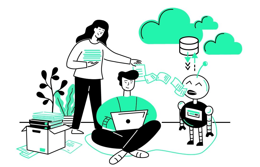 Illustration, in der analoge und digitale Daten unterschiedlicher Quellen in der Cloud mit Analyse und KI verarbeitet werden