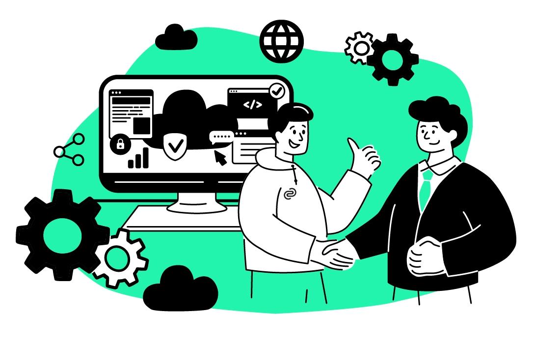 Illustration von Mitarbeiter, der Daumen hoch zeigt und Kunde die Hand gibt, vor PC mit Symbolen für entwickelte Anwendungen.