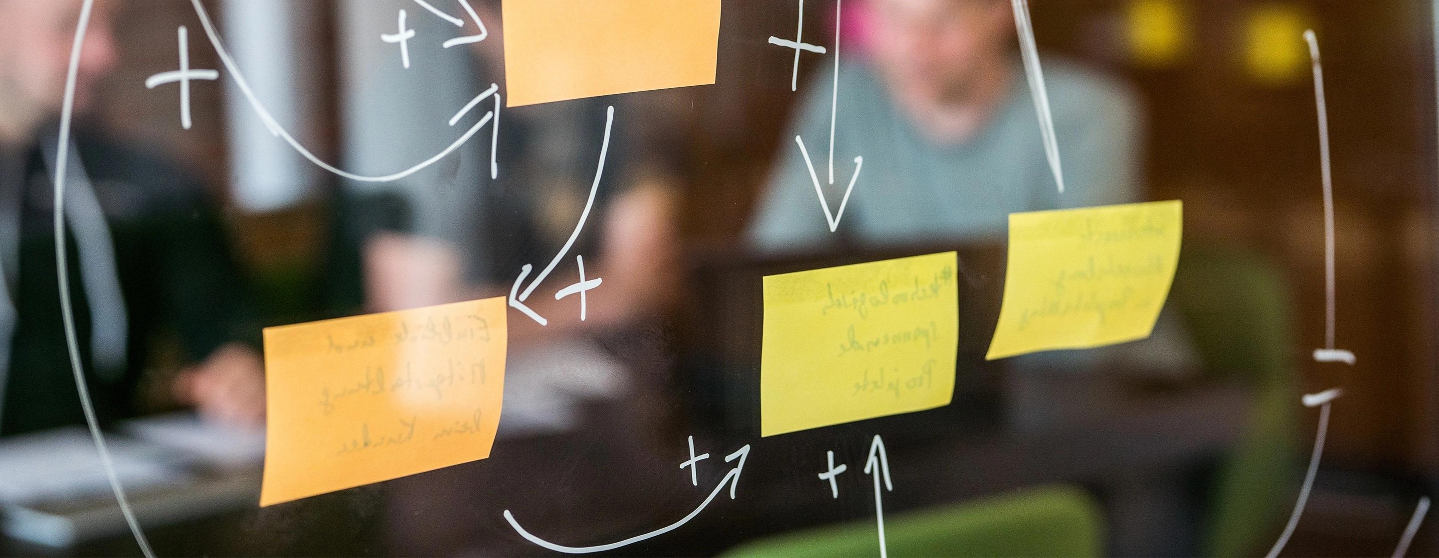 Gelbe und orangene Post-Its kleben an einer Glasscheibe mit aufgemalten weißen Pfeilen, dahinter sind verschwommene Personen