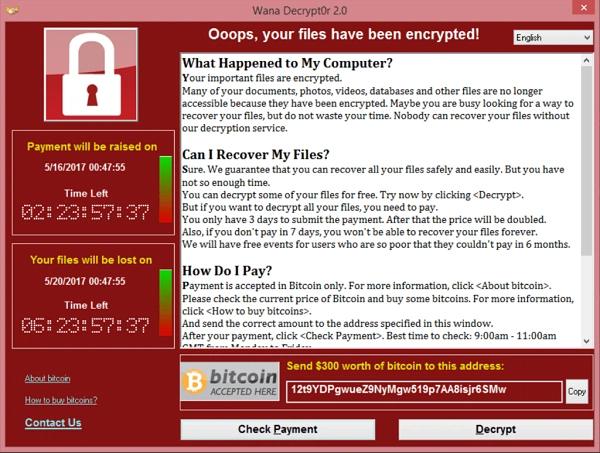 Ein typischer Warnbildschirm nach einer Verschlüsselung durch WannaCry (Quelle: Wikimedia)