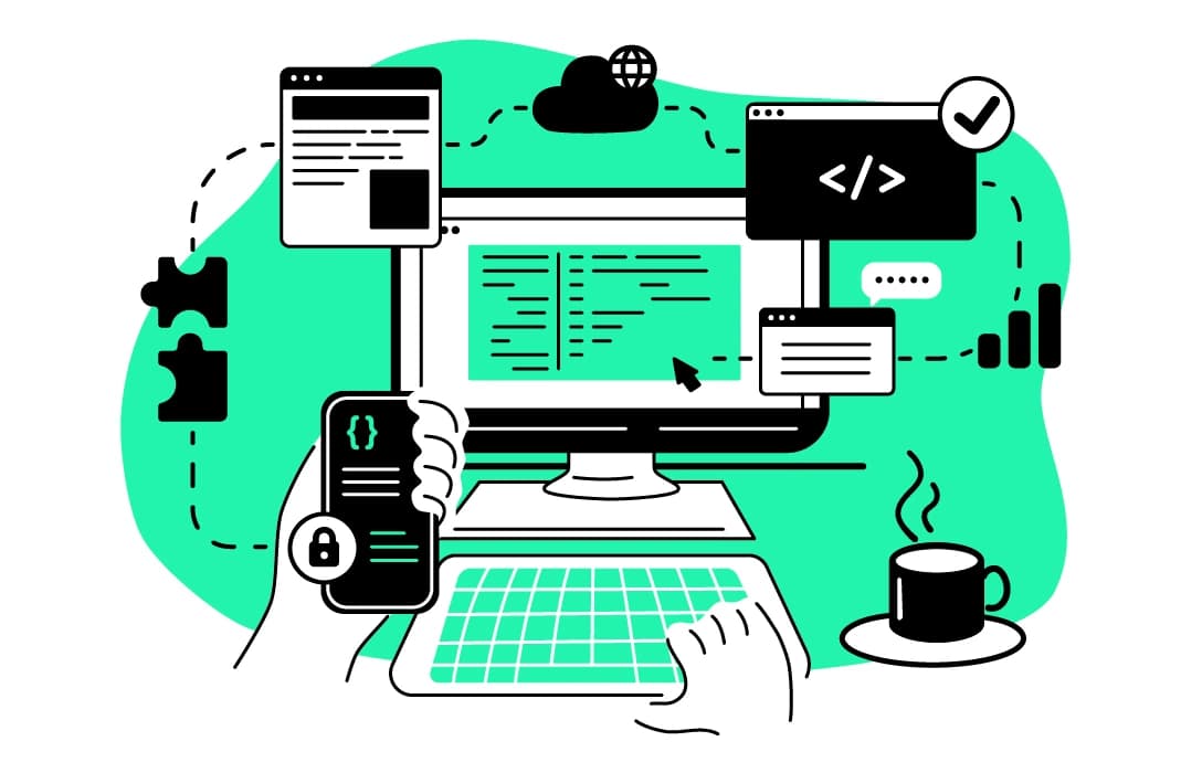 Illustration mit Symbolen für PC, Handy, Cloud, Diagramme und Applikationen mit deren Verknüpfung.