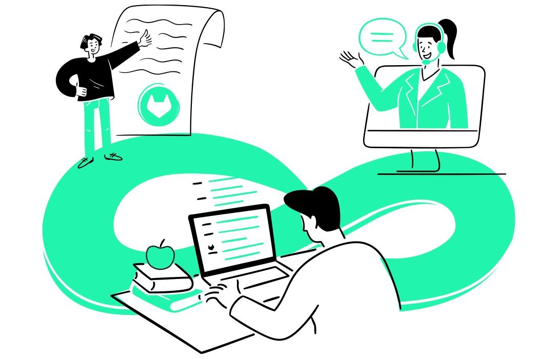 Illustration: DevSecOps-Cycle als 8 mit Person mit GitLab-Zeugnis, Person in PC mit Kopfhörer und Person vor Notebook