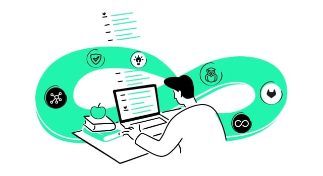 Illustration: DevSecOps-Cycle mit verschiedenen Symbolen, im Vordergrund bearbeitet Person am Schreibtisch vor Laptop Listen