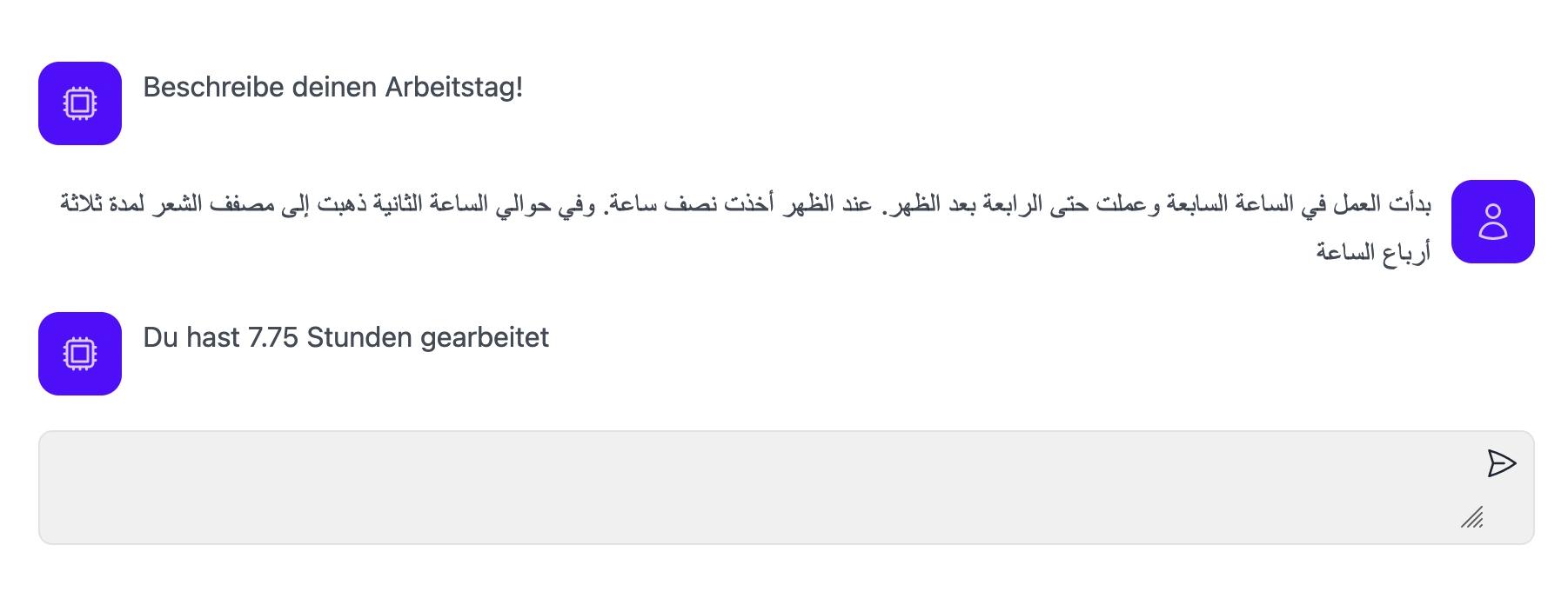Auch auf arabisch gefragt antwortet das System mit der richtigen Antwort: 7.75h