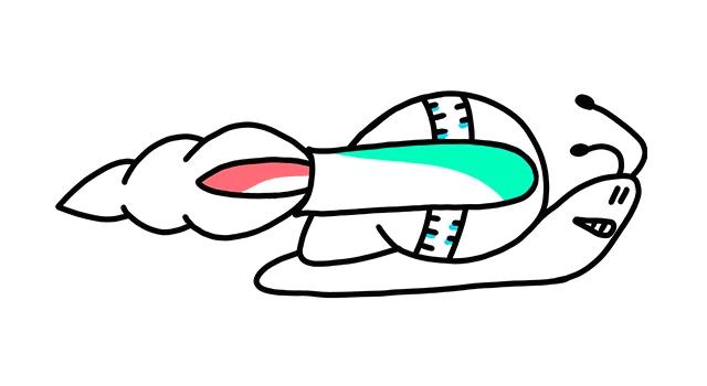 Illustration einer Schnecke die eine Rakete im Häuschen hat.