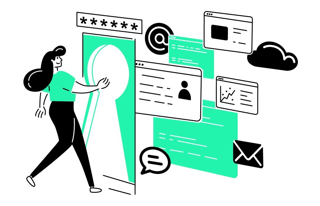 Illustration einer Person, die durch Schloss mit Passwort geht, hinter welchem sich Symbole für persönliche Apps befinden.
