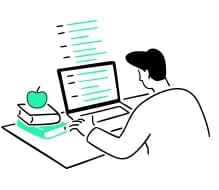 Illustration: Person sitzt am Schreibtisch vor Notebook und bearbeitet Listen oder Code