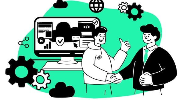 Illustration von Mitarbeiter, der Daumen hoch zeigt und Kunde die Hand gibt, vor PC mit Symbolen für entwickelte Anwendungen.