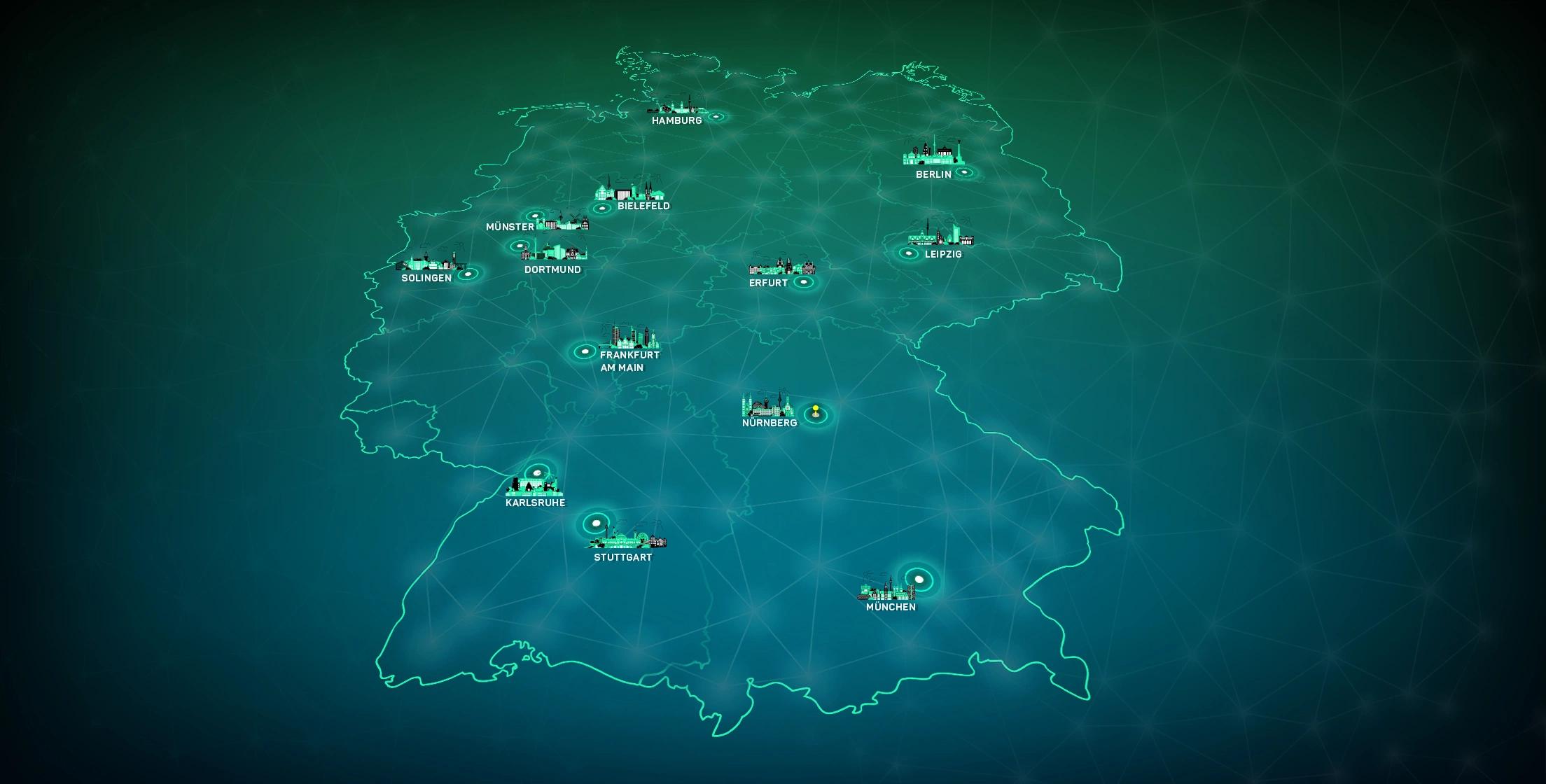 Illustrierte Deutschland-Karte, mit allen Standorten der codecentric AG.