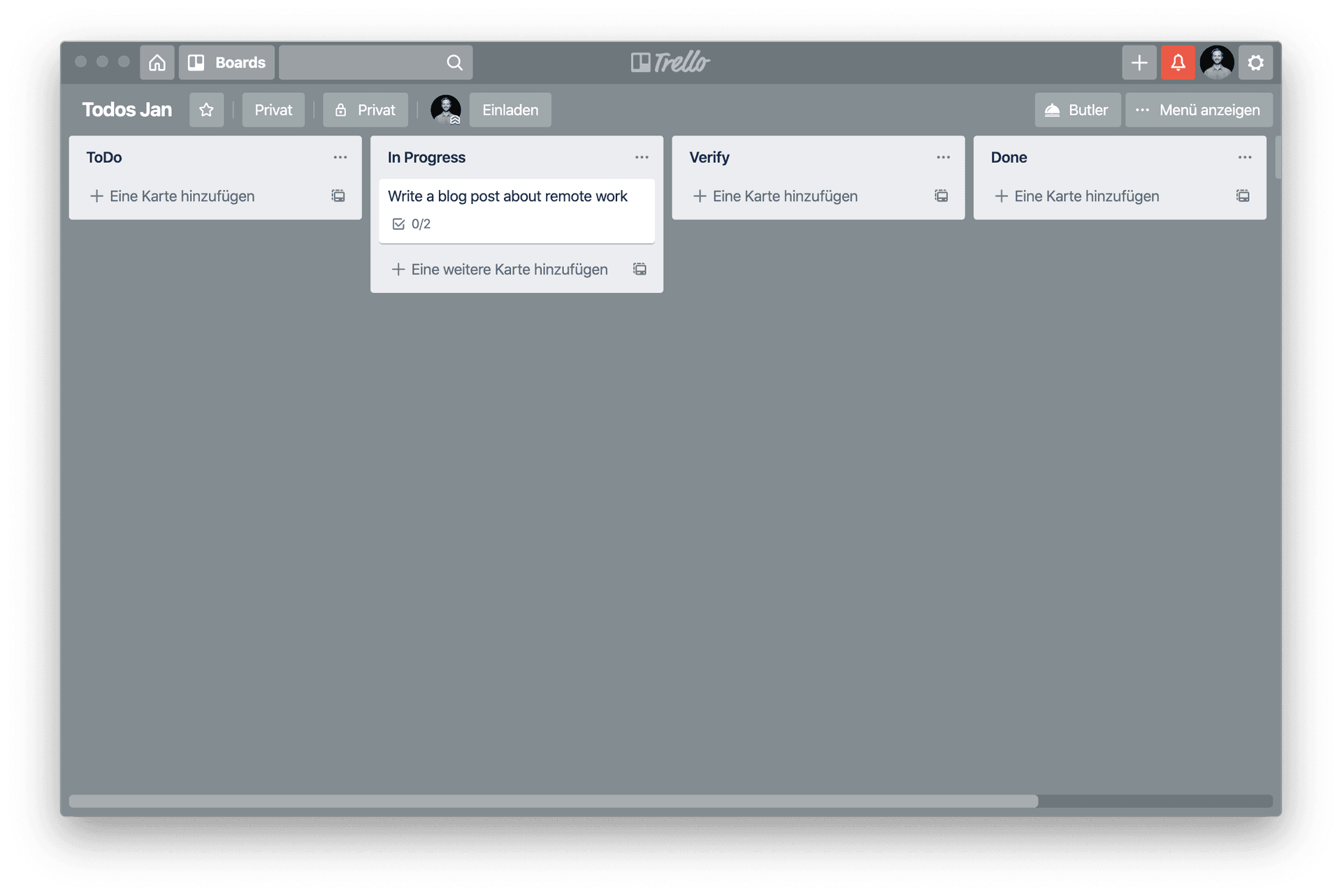 Simple board with the columns to-do, in progress, verify, done