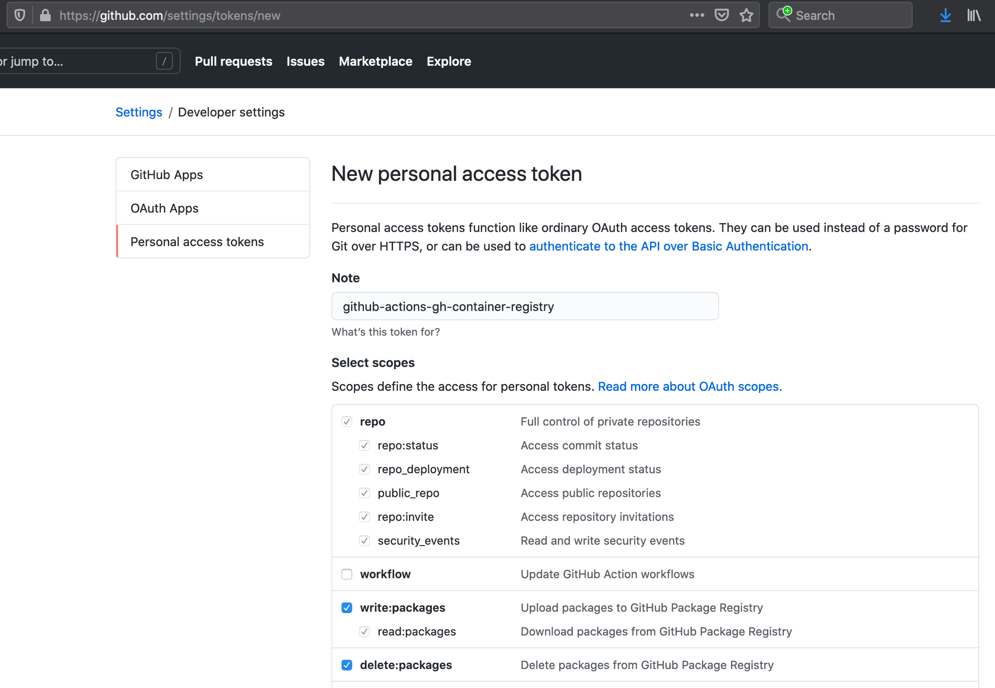 Create a personal access token in GitHub