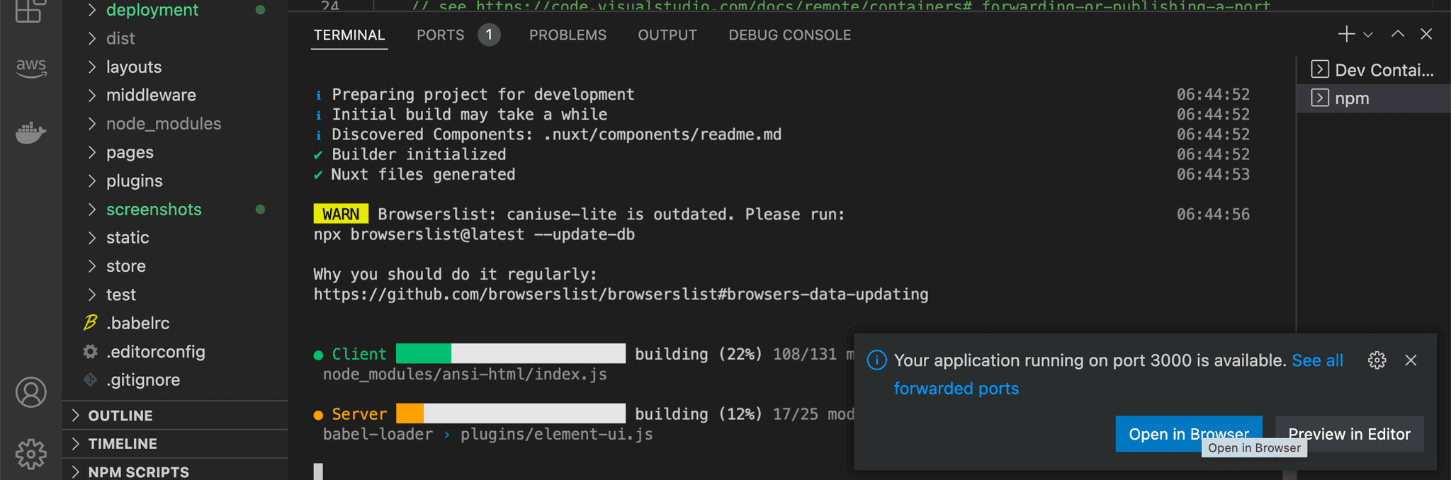 VS Code using Development Container as js devserver