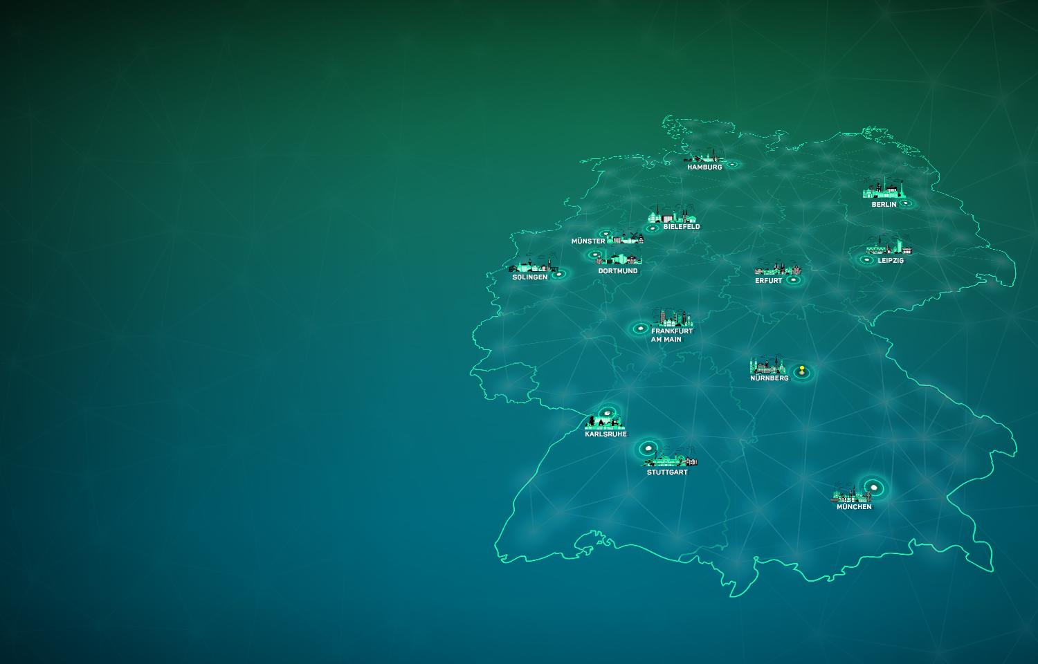 Eine illustrierte Karte, die alle Standorte von codecentric in Deutschland zeigt 